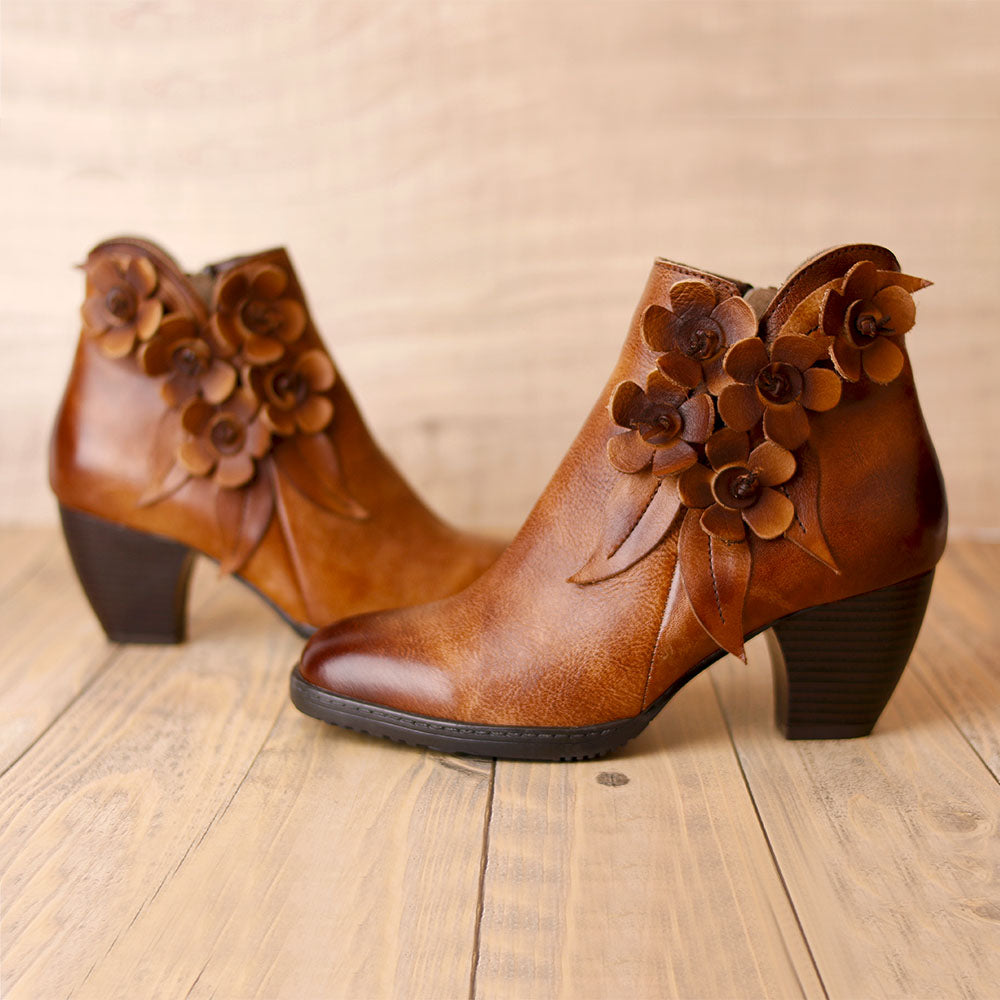 Comfy Vintage Handmade Floral Ankle Leather Boots