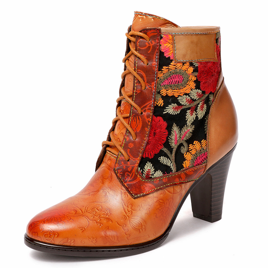 Retro Hand Embroidered Leather Stitched High Heels