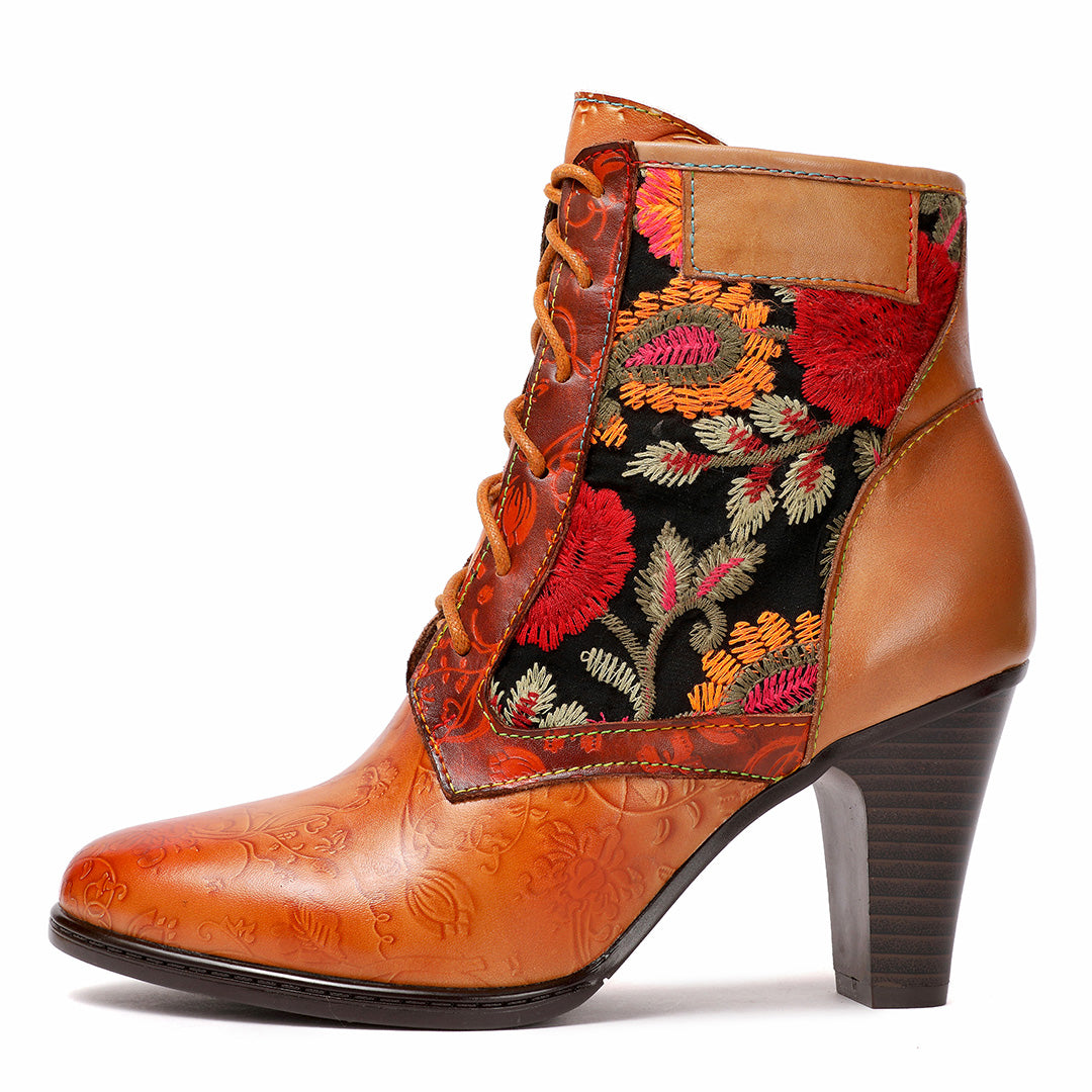 Retro Hand Embroidered Leather Stitched High Heels