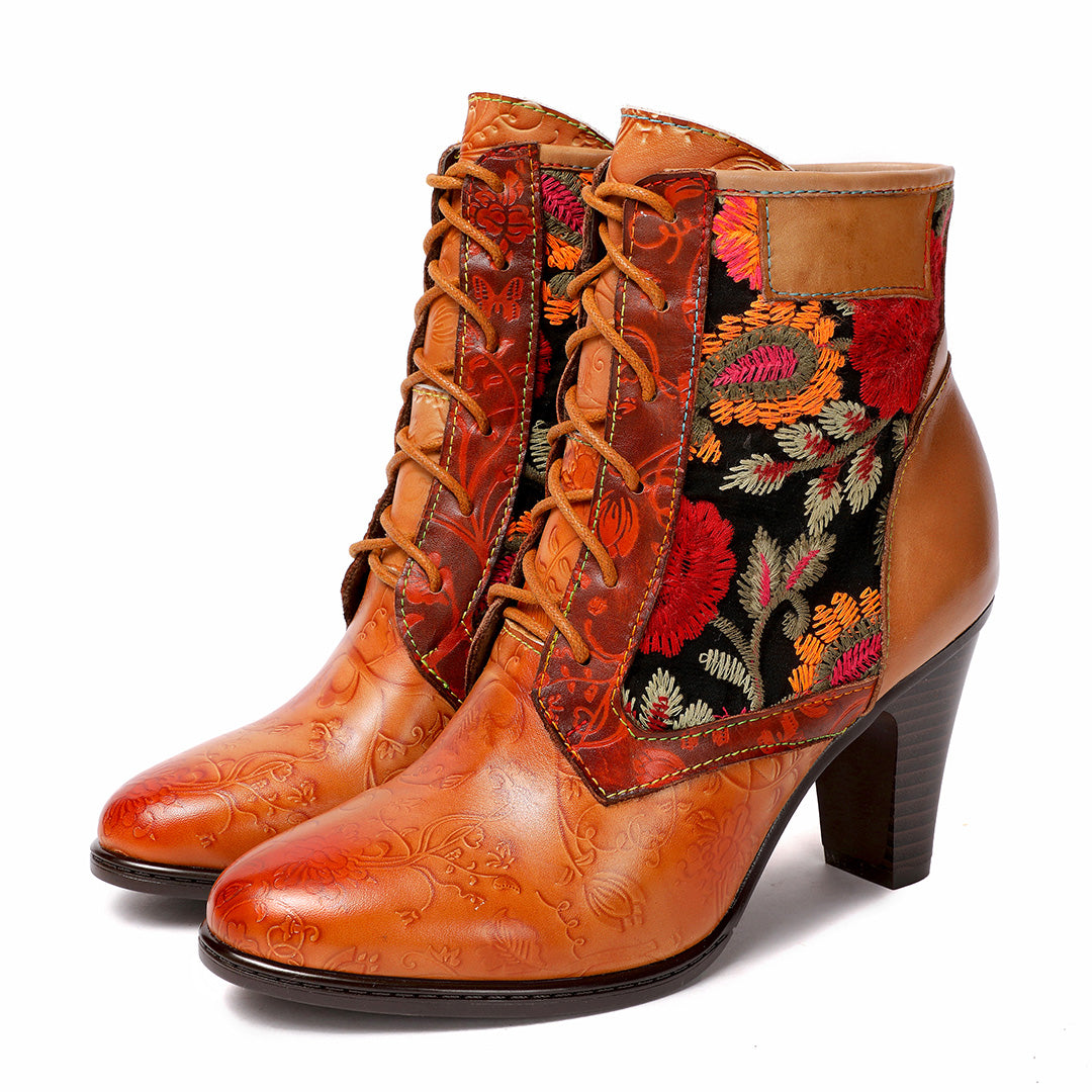 Retro Hand Embroidered Leather Stitched High Heels