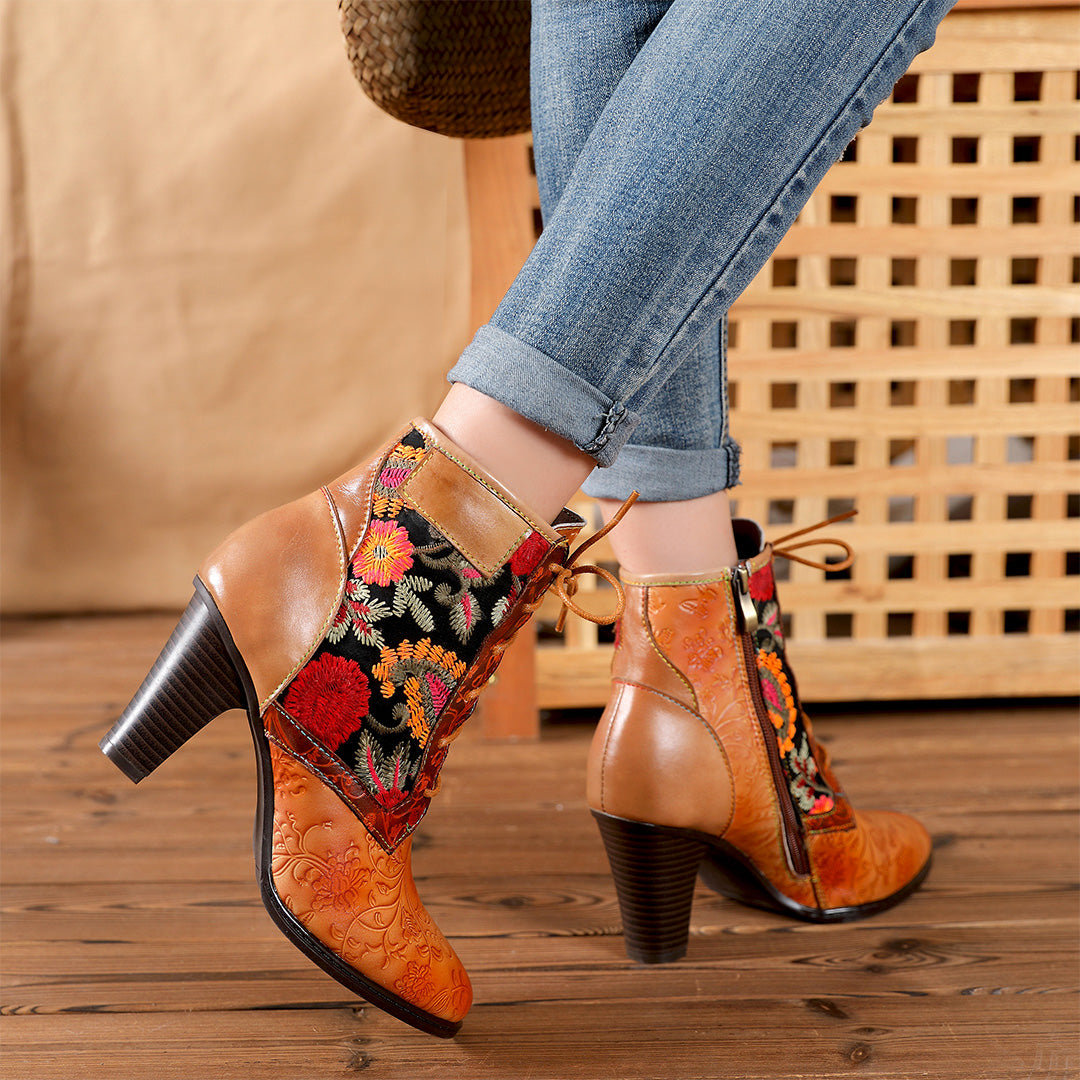 Retro Hand Embroidered Leather Stitched High Heels