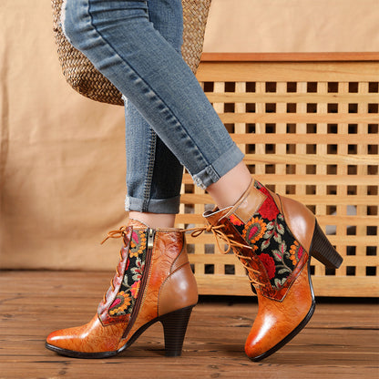 Retro Hand Embroidered Leather Stitched High Heels