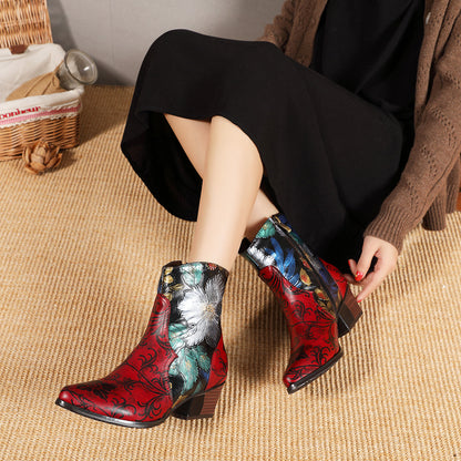 Floral Genuine Leather Handmade Comfy Boots