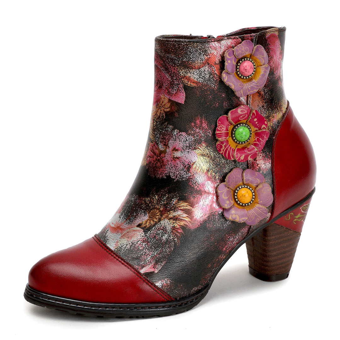 Hand-printed Colorful Floral Genuine Leather Ankle Boots