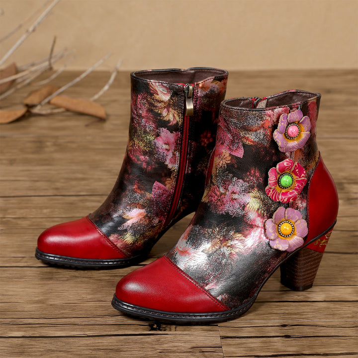 Hand-printed Colorful Floral Genuine Leather Ankle Boots