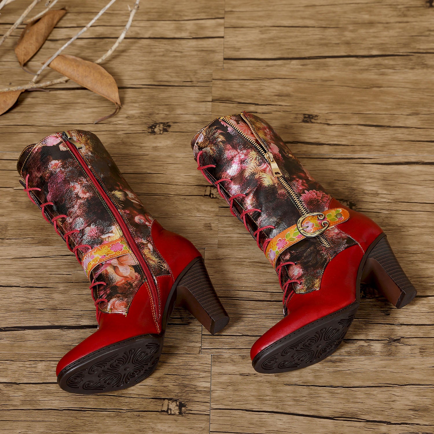 Leather Hand-printed High-heel Knee Boots