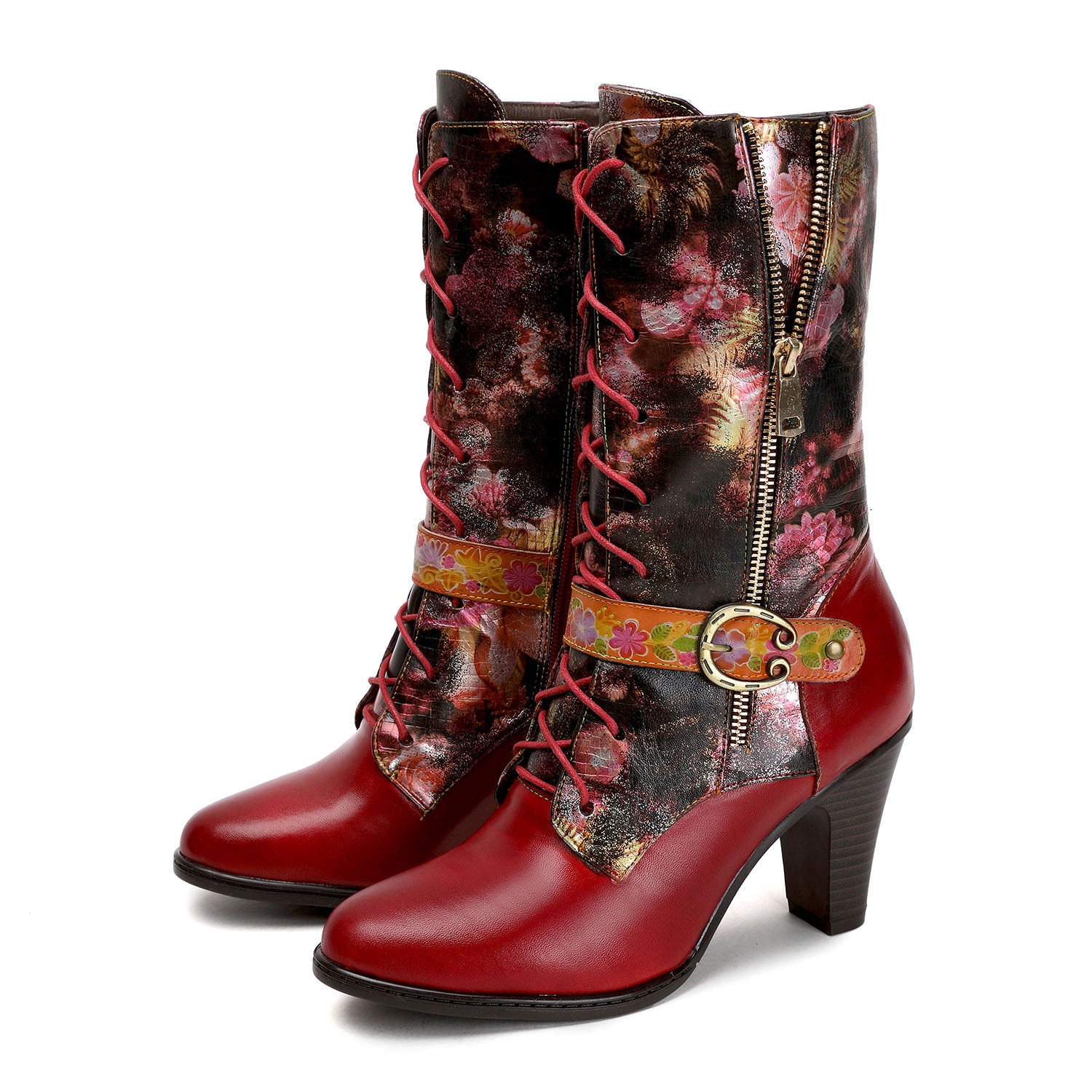 Botas de joelho de salto alto com estampamento de couro