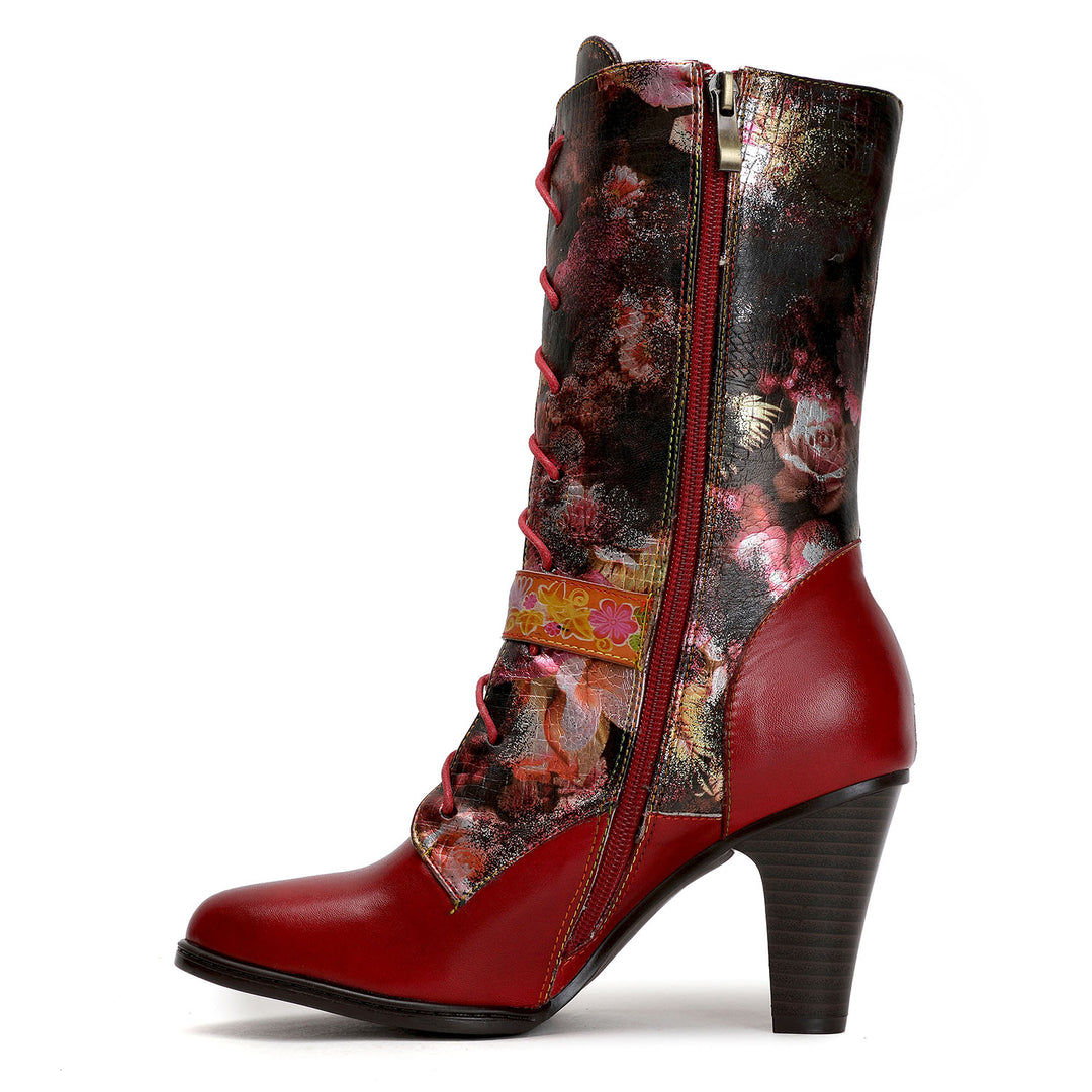 Leather Hand-printed High-heel Knee Boots