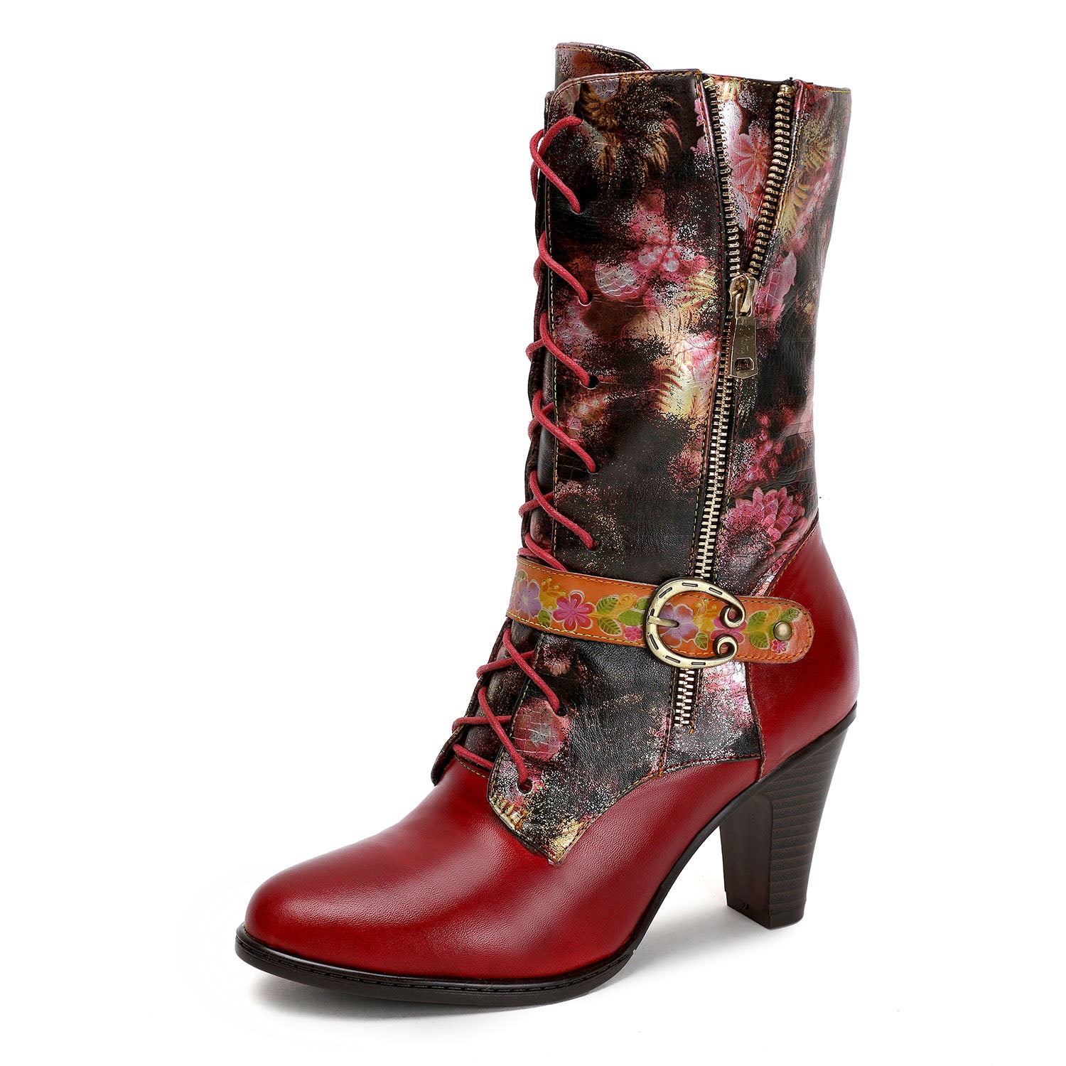 Leather Hand-printed High-heel Knee Boots