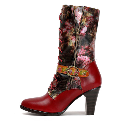 Leather Hand-printed High-heel Knee Boots