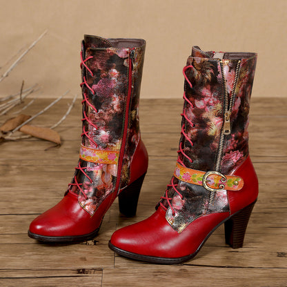 Botas de joelho de salto alto com estampamento de couro