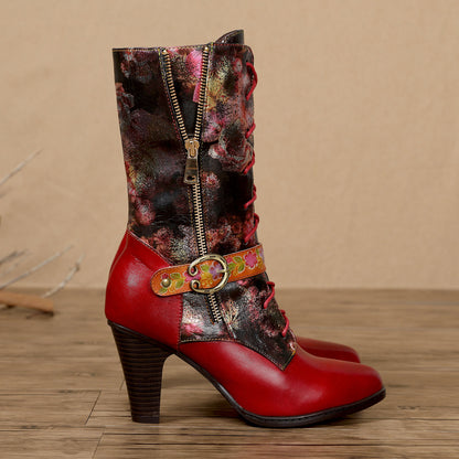 Leather Hand-printed High-heel Knee Boots