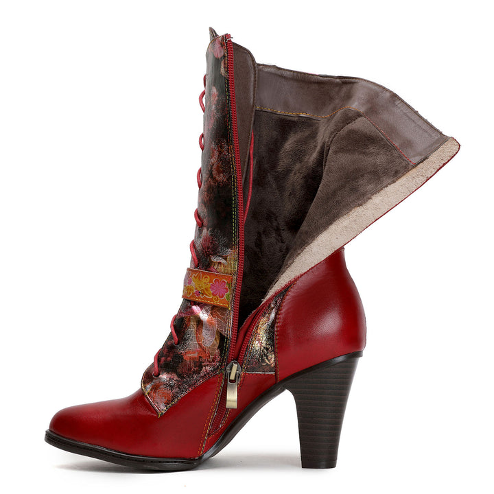 Leather Hand-printed High-heel Knee Boots