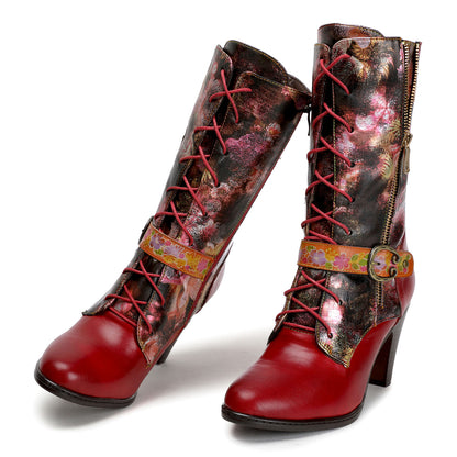 Botas de joelho de salto alto com estampamento de couro