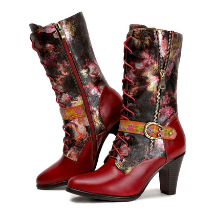 Leather Hand-printed High-heel Knee Boots