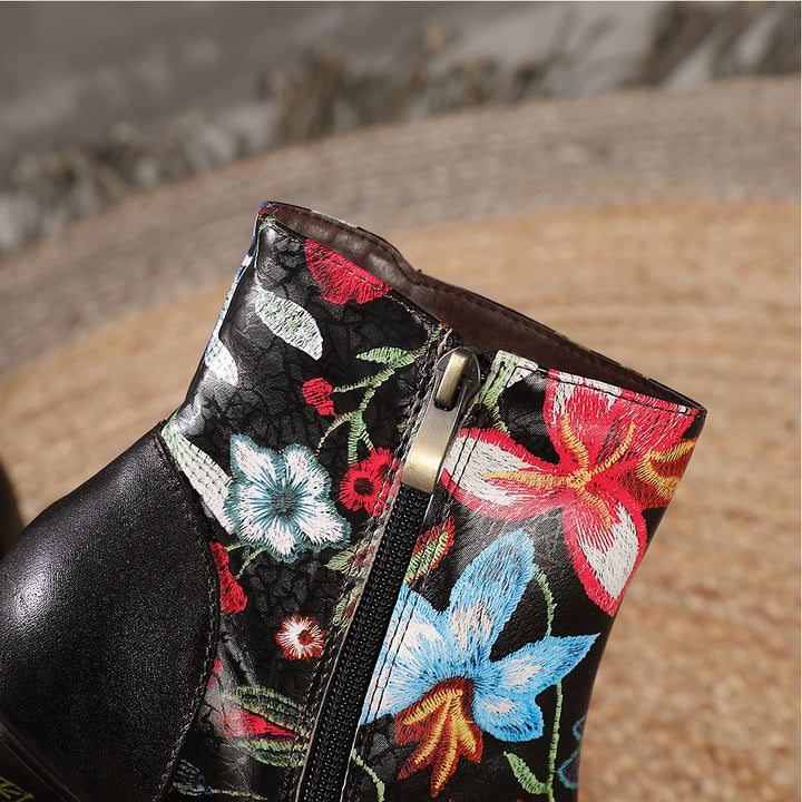 Hand-printing Colorful Floral Genuine Leather High Heel Ankle Boots