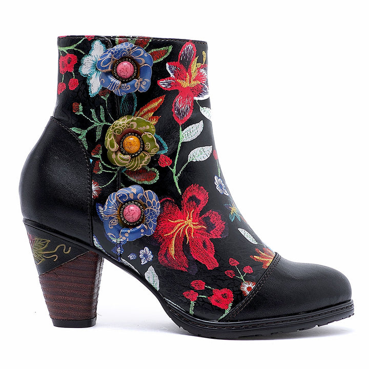 Hand-printing Colorful Floral Genuine Leather High Heel Ankle Boots
