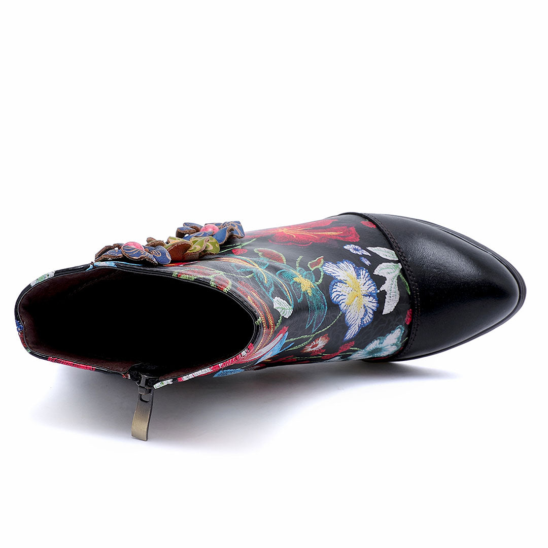Hand-printing Colorful Floral Genuine Leather High Heel Ankle Boots