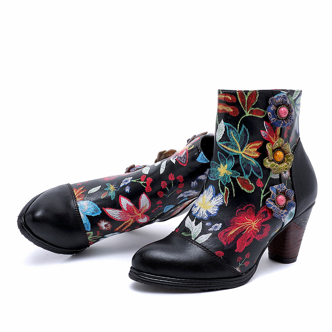 Hand-printing Colorful Floral Genuine Leather High Heel Ankle Boots