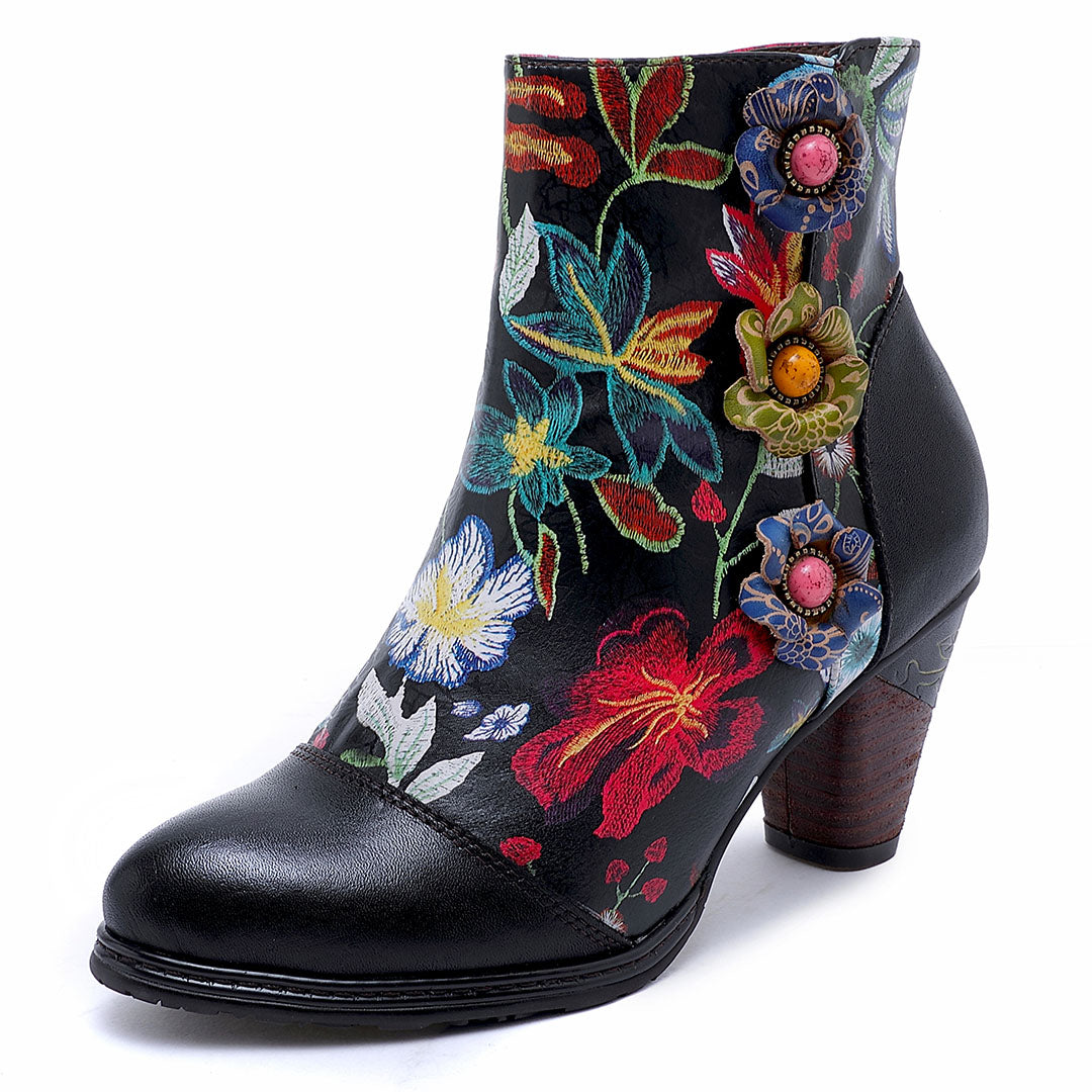 Hand-printing Colorful Floral Genuine Leather High Heel Ankle Boots