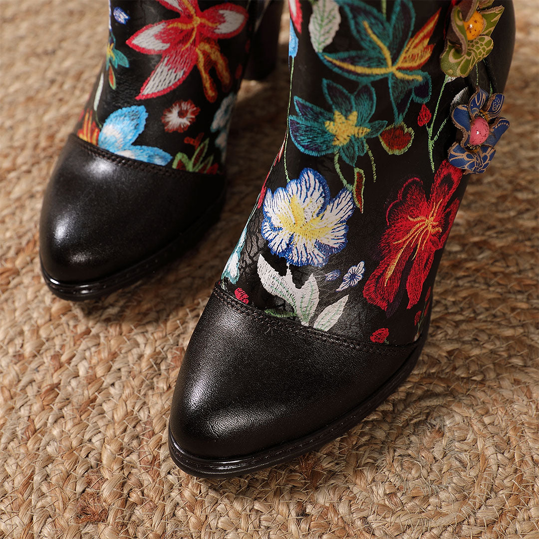 Hand-printing Colorful Floral Genuine Leather High Heel Ankle Boots