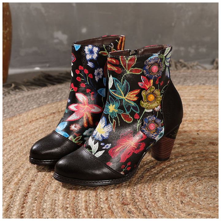 Hand-printing Colorful Floral Genuine Leather High Heel Ankle Boots