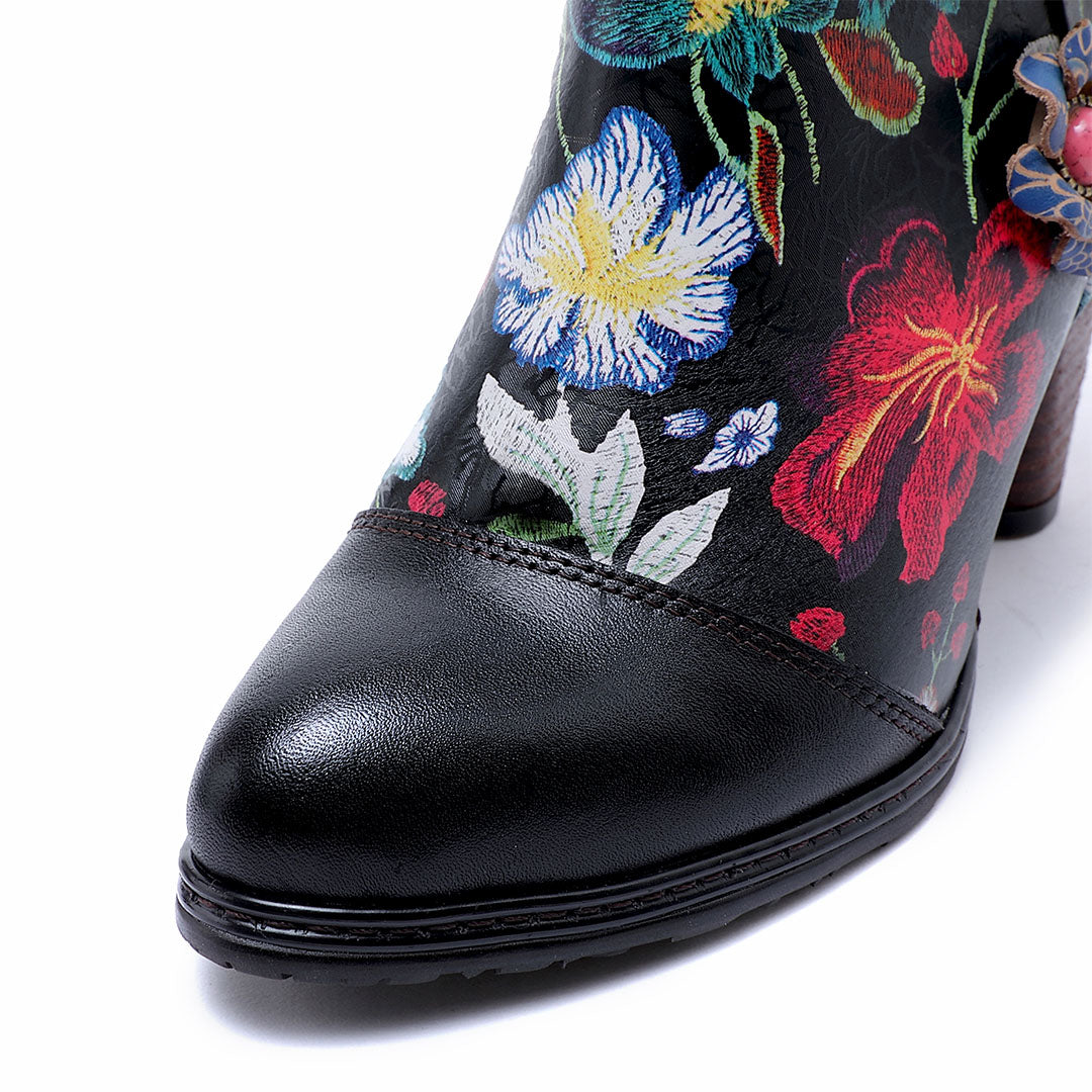 Hand-printing Colorful Floral Genuine Leather High Heel Ankle Boots