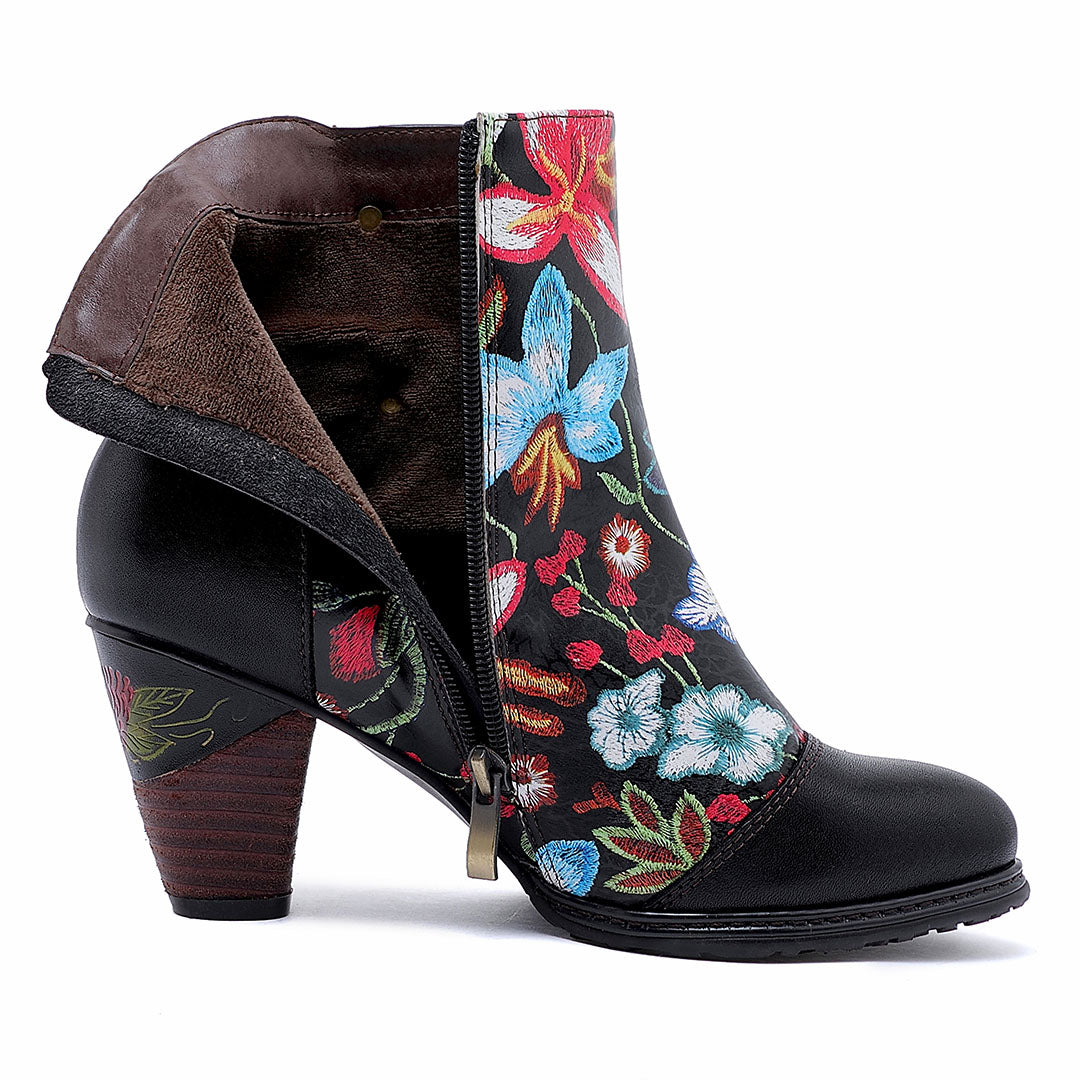 Hand-printing Colorful Floral Genuine Leather High Heel Ankle Boots