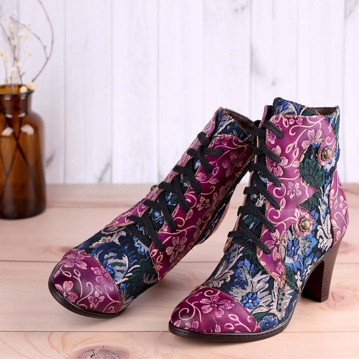 Leather Hand Embossed Adjustable High Heel Boots