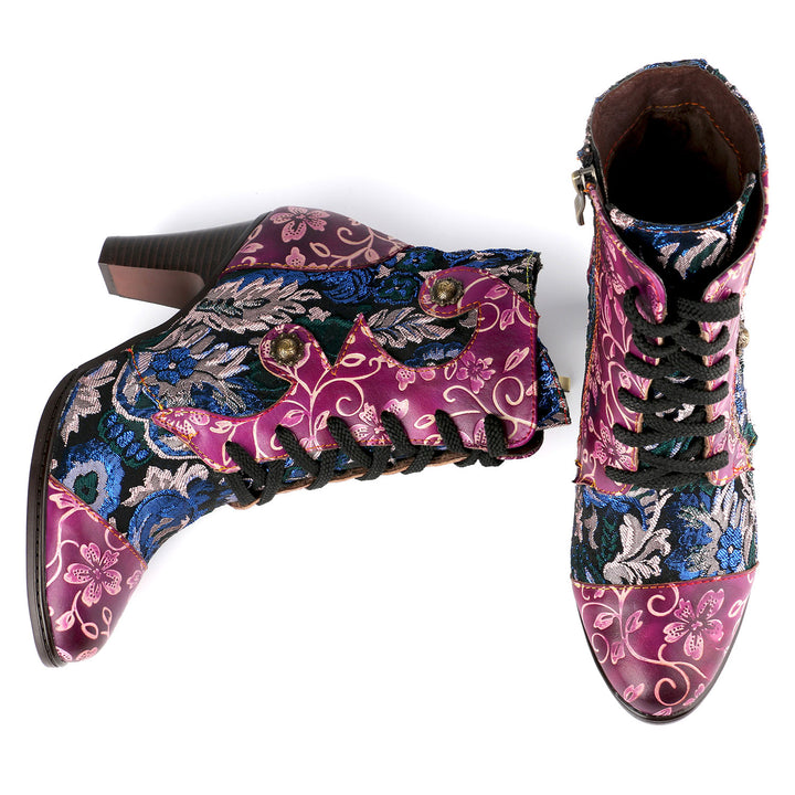 Leather Hand Embossed Adjustable High Heel Boots