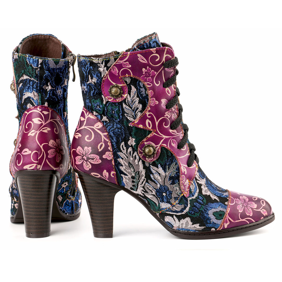 Leather Hand Embossed Adjustable High Heel Boots