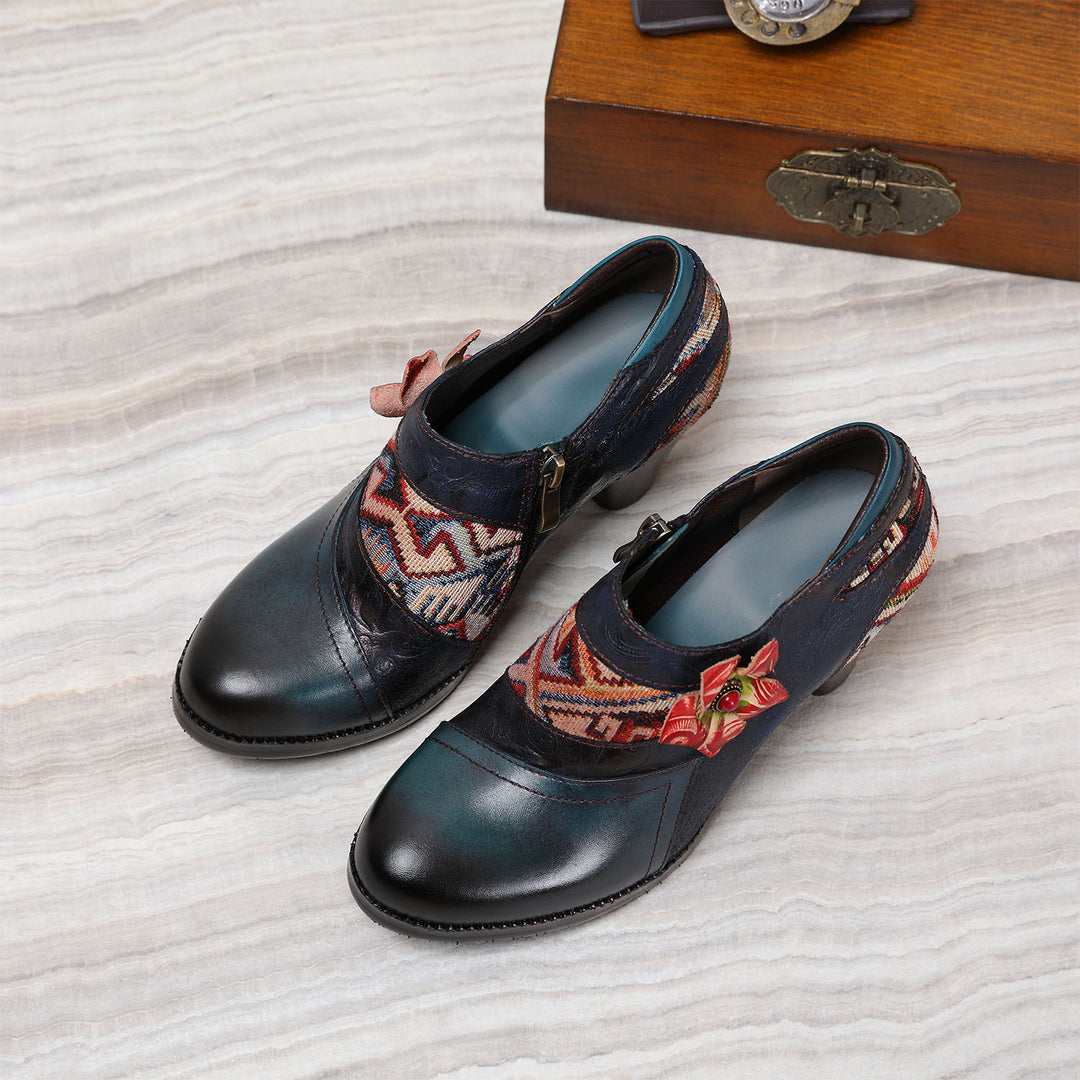 Handmade Leather Stitched Low-heel Pumps
