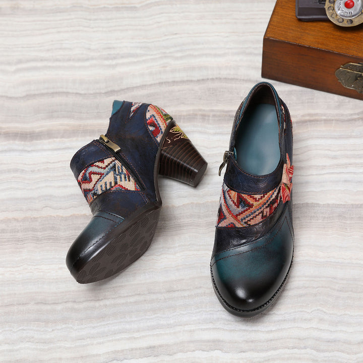 Handmade Leather Stitched Low-heel Pumps