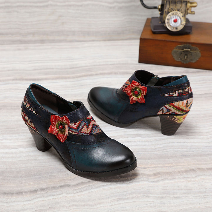 Handmade Leather Stitched Low-heel Pumps