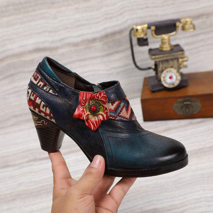 Handmade Leather Stitched Low-heel Pumps