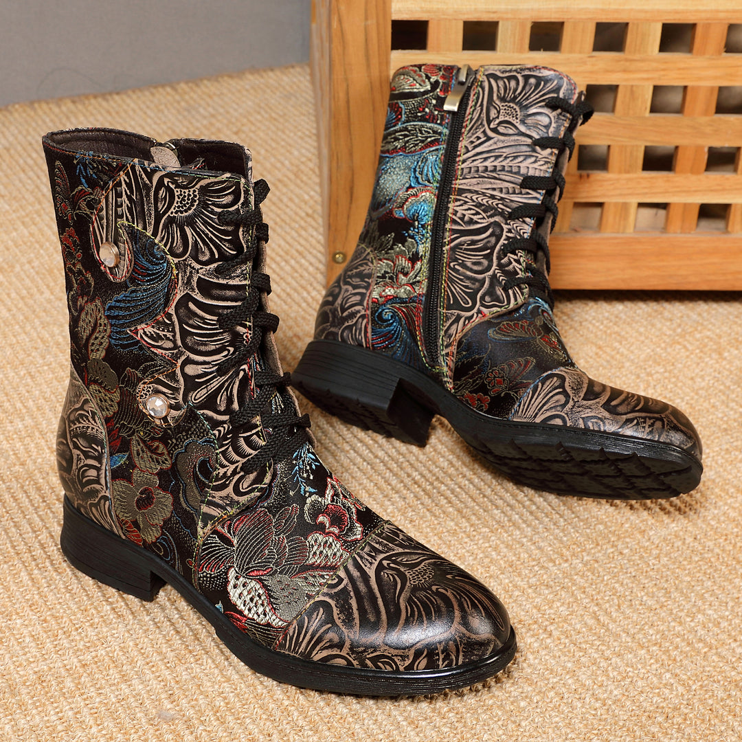 Genuine Leather Embossed Comfy Flat Boots