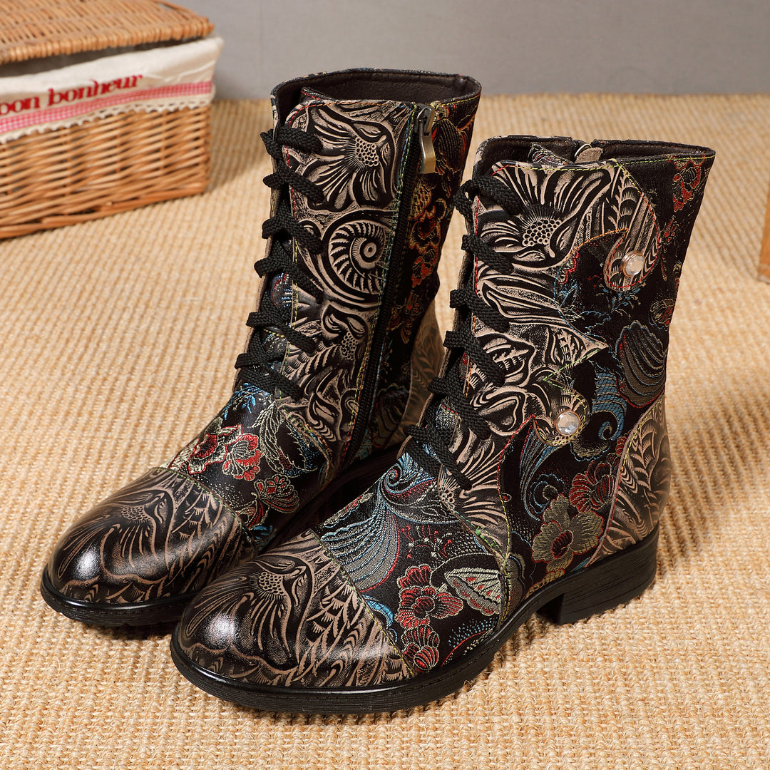 Genuine Leather Embossed Comfy Flat Boots