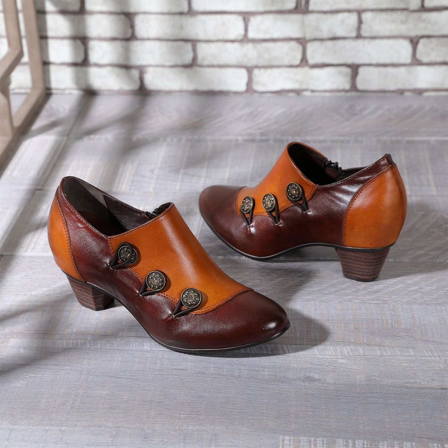 Hand Painted Leather Low Heel Shoes