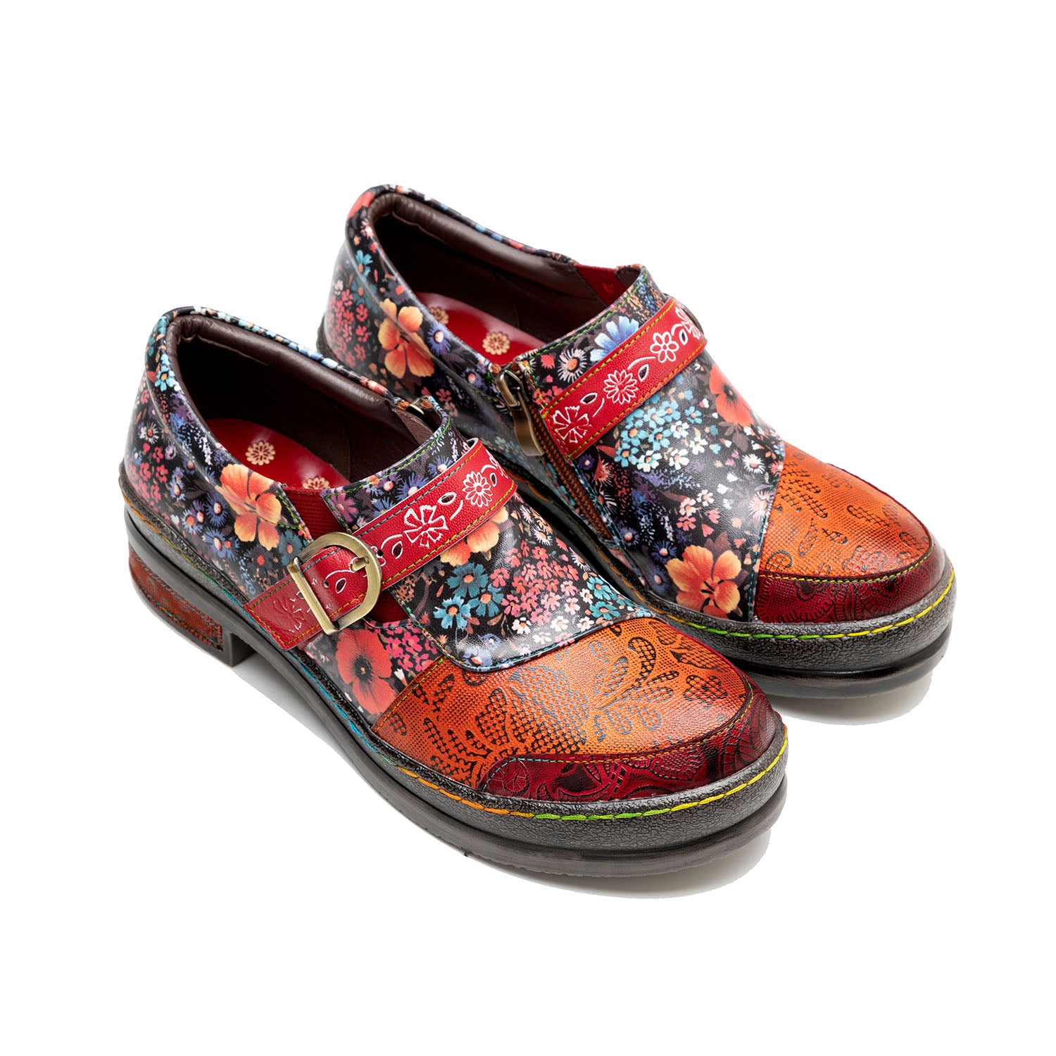 Handmade Leather Round Toe Printed Flat Shoes