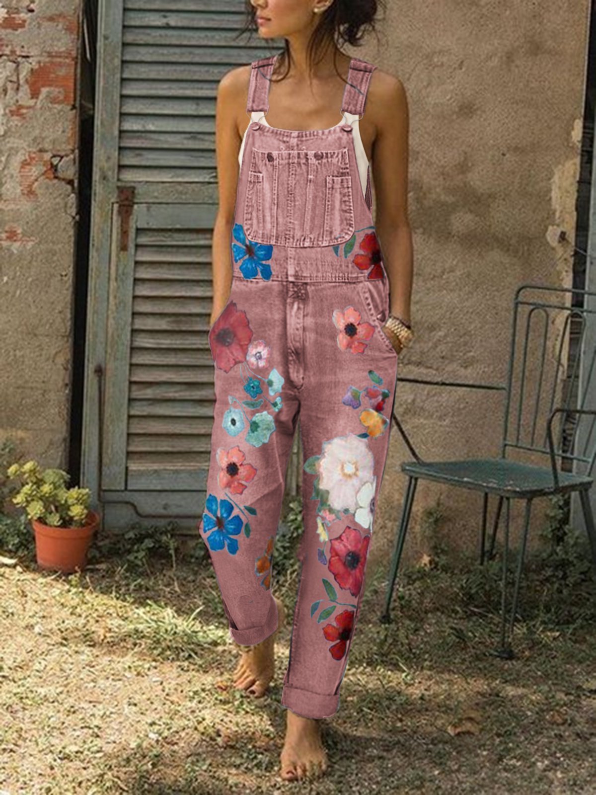 Sem mangas jeans de impressão floral floral