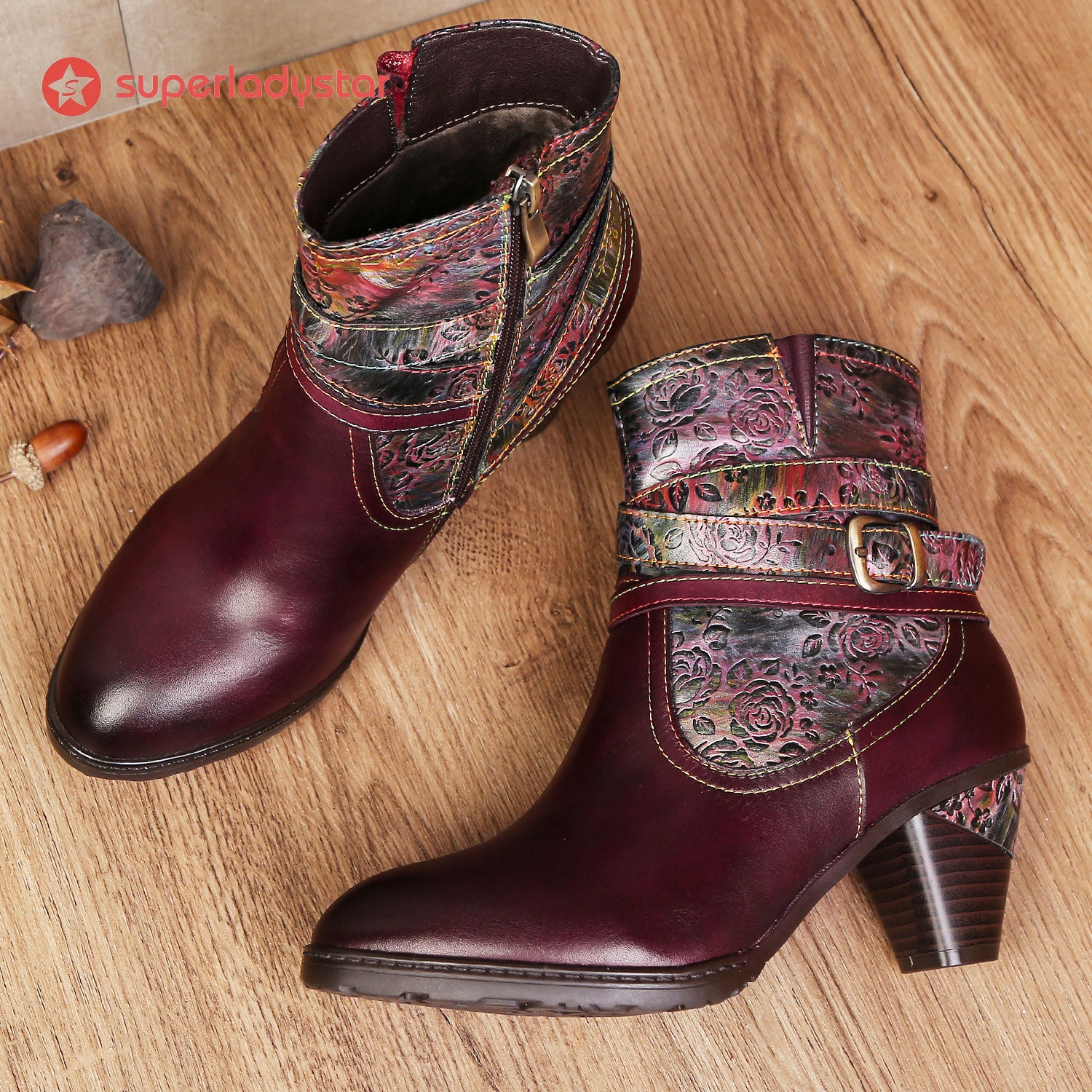 Handmade Floral Embossed Ankle Boots