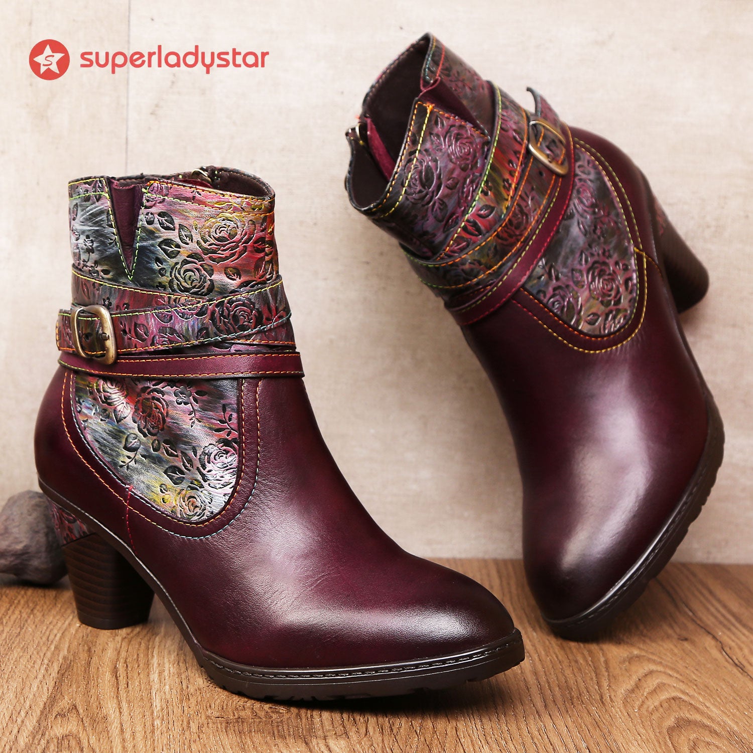 Handmade Floral Embossed Ankle Boots