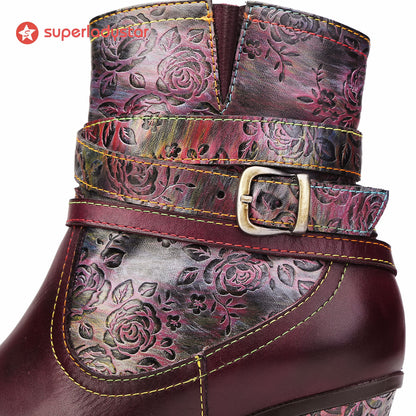 Handmade Floral Embossed Ankle Boots