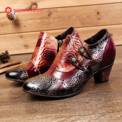 Hand Embossed Leather Low Heel Shoes