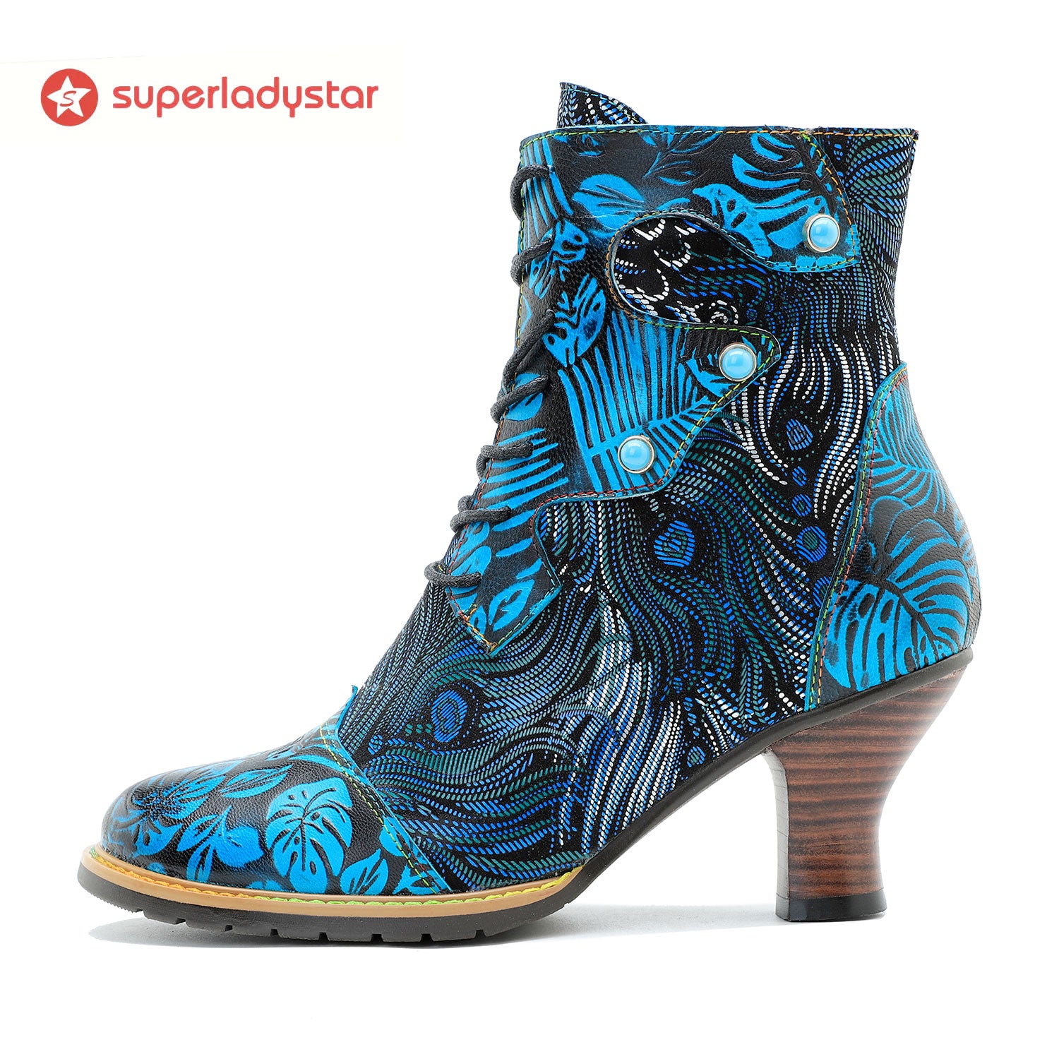 Blue Embossed Leather And Warm Brocade Comfy Ankle Boots