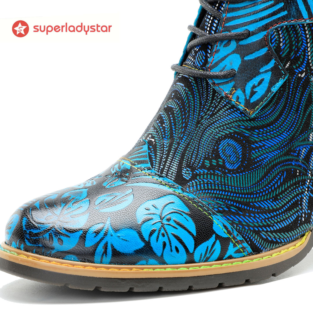 Blue Embossed Leather And Warm Brocade Comfy Ankle Boots