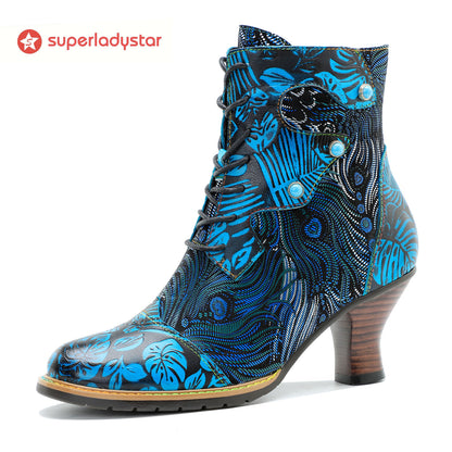 Couro em relevo azul e brocado quente, botas de tornozelo