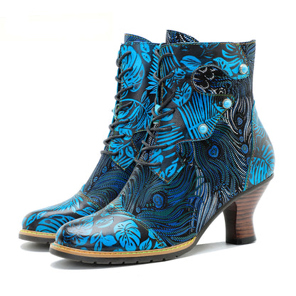 Couro em relevo azul e brocado quente, botas de tornozelo