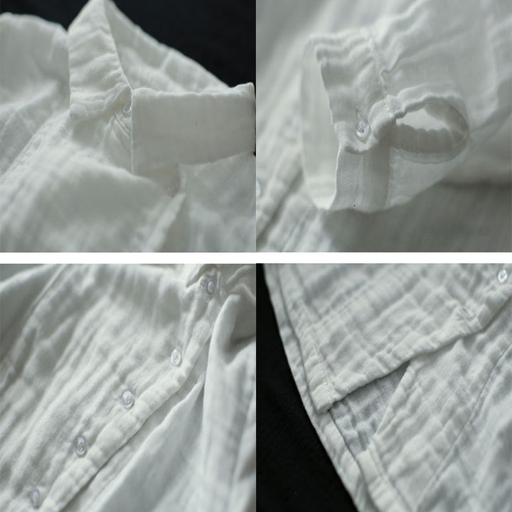 Women Cotton Linen Long Sleeve Side Button Down Loose Casual Blouse