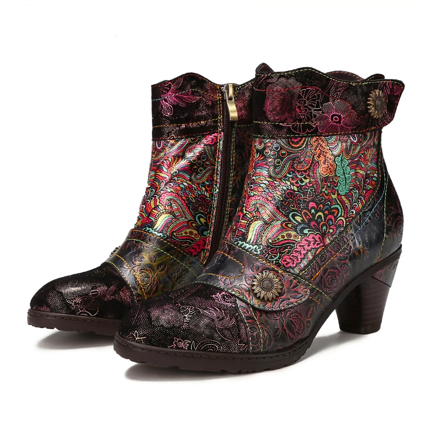 Vintage Printed Leather Round Toe Buckle Ankle Boots